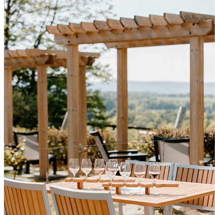 Glasses of wine on the patio at The Roost